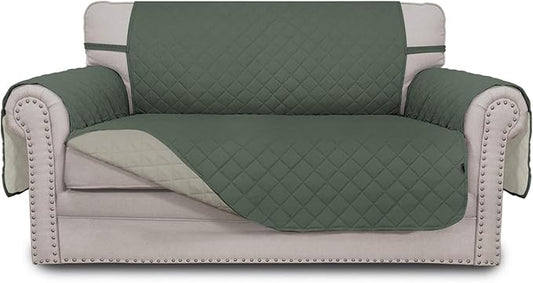Easy-Going Reversible Loveseat Couch Cover for 2 Cushion Couch Sofa Cover for Dogs Water Resistant Furniture Protector with Foam Sticks Elastic Straps for Pet (Loveseat, Greyish Green/Beige)