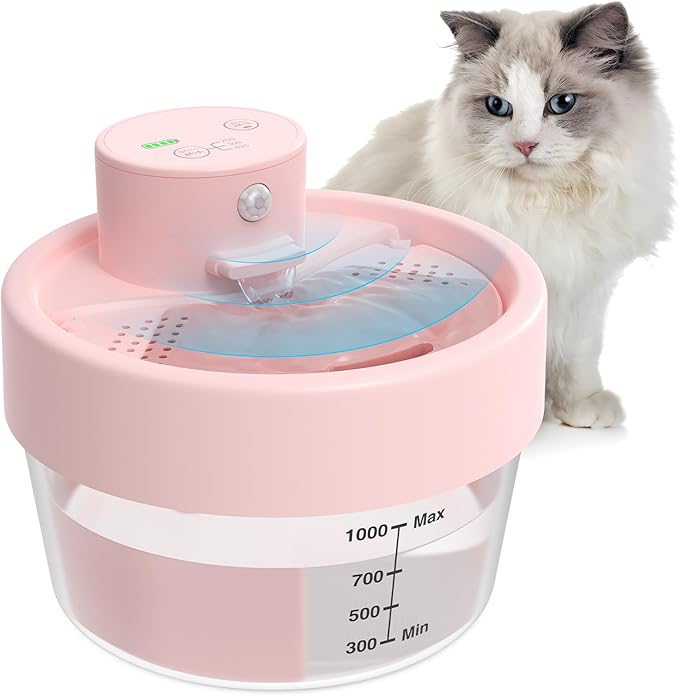 MASBRILL Cat Water Fountain, 1L Wireless Water Fountains for Cats Indoor - Battery Operated Cat Fountains for Drinking with Filter/Motion Sensor/Silent Pump