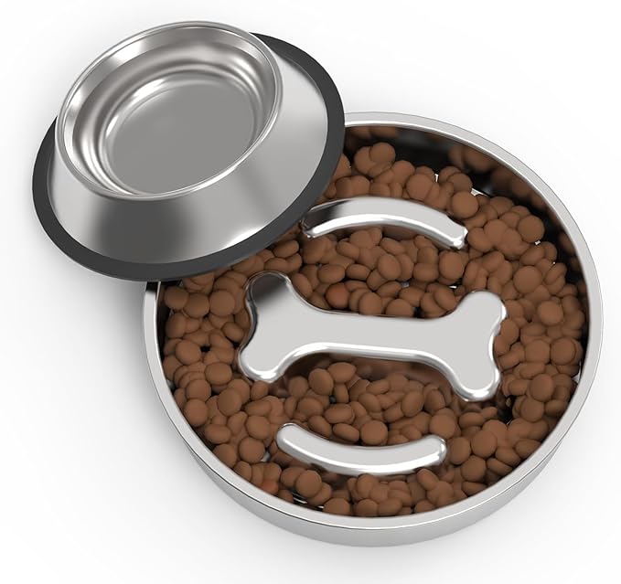 Small Dog/Puppy Slow Feeder, Stainless Steel Feeding Bowl with Unique Bone Design for Slower Eating Non-Slip Base