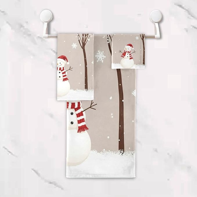 Pfrewn Winter Snowman Bird Tree Snow Towels Set of 3 Snowflakes Peach Christmas Bathroom Towel Soft Absorbent Bath Hand Towels Washcloth Guest Towel Sets Rustic Farmhouse Xmas Holiday Decor