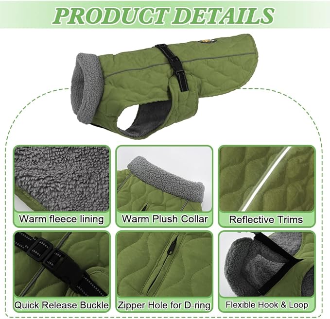 Dog Winter Coats, Fleece Lining Winter Coats for Dogs, Adjustable Windproof Dog Cold Weather Coat, Quick Release Buckle Puppy Jacket for Small Medium Large Dogs, Green S