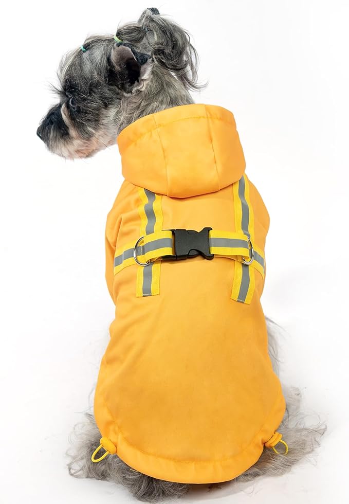 PUPTECK Dog Raincoat with Hood & Harness Built-in, Waterproof Dog Rain Jacket Slicker Poncho Reflective Vest Clothes for Rainy Snowy Winter Cold Days, Yellow XS