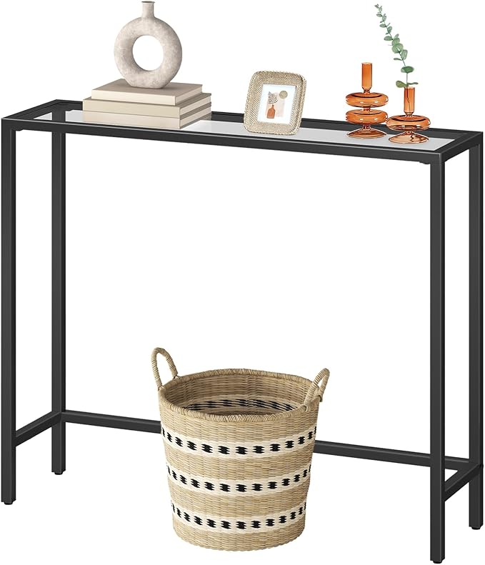 HOOBRO 29.5" Narrow Console Table, Tempered Glass Sofa Table, Small Side Table, Modern Entryway Table, for Entrance, Living Room, Foyer, Hallway Bedroom, Black BK07XG01