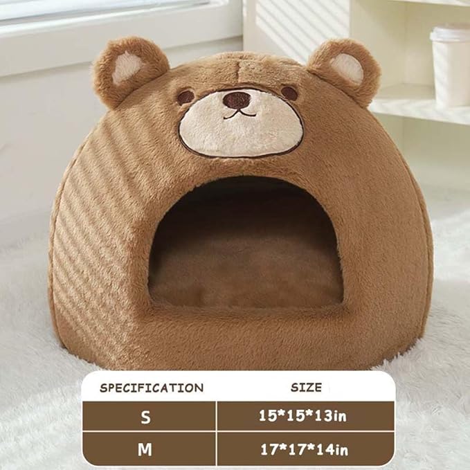 Cat Beds for Indoor Cats - Cute Cat Bed Cat Cave Bed ，Soft Calming Pet Bed with Removable Washable Cushioned Pillow，Cat Hideaway for Kitten&Puppy,Small Dog (Bear，S)