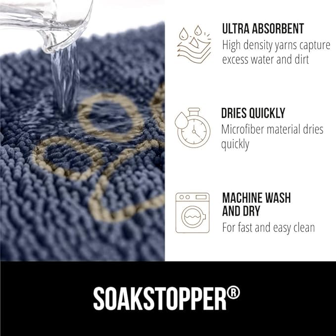 GORILLA GRIP SoakSTOPPER Dog Door Mat, 36x24 Machine Washable Rug Absorbent Doormat Captures Moisture Mud Dirt, Quick Dry Soft Chenille Entryway Rugs Indoor Entrance Mats for Dog Paws, Navy