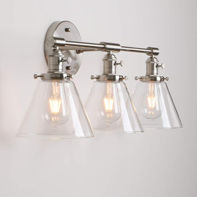 Permo Vintage Industrial Antique Three-Light Wall Sconces with Funnel Flared Clear Glass Shade (Brushed)