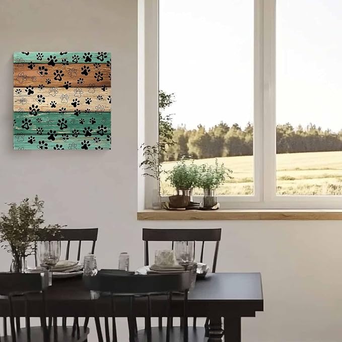 Framed Canvas Wall Art for Living Room Dog Paw Print Wall Decor, Retro Brown Sage Green Wood Grain Aesthetic Paintings for Bedroom Office Kitchen Bathroom, Ready to Hang Wall Pictures 12x12 Inch