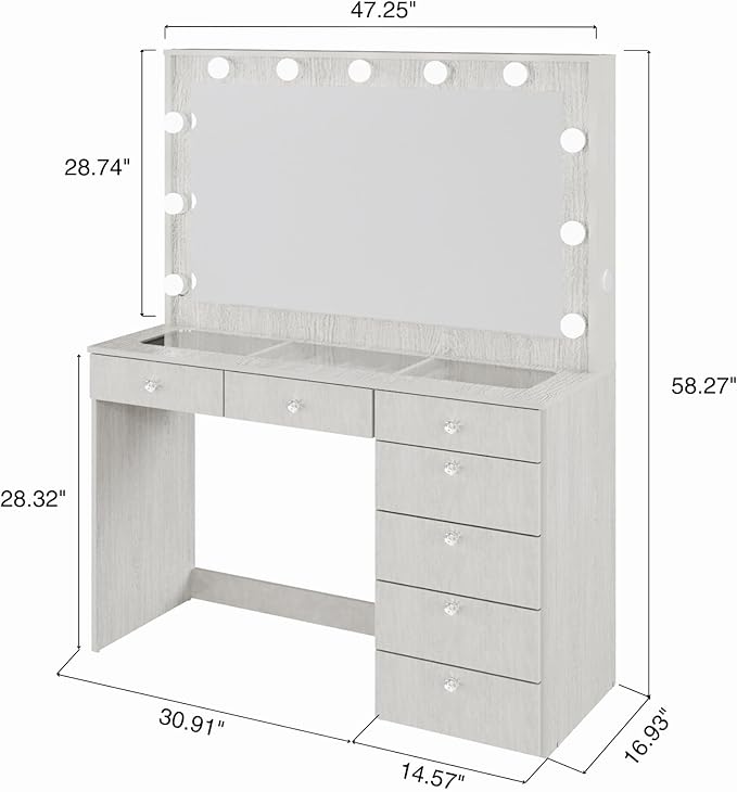 Boahaus Serena White Makeup Vanity with Mirror and 11 Lights, 7 Drawers, Glass Top, Crystal Knobs, USB-A & USB-C Ports, 110V Power Outlet, Bedroom Vanity Desk (Grey-1)