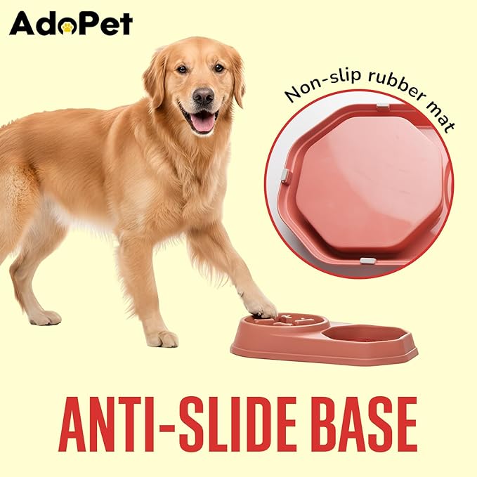 Slow Feeder Dog Bowl with Silicone Lick Mat, Non-Slip Dual Feeding Station for Medium & Large Dogs, Slow Eating Bowl to Help Reduce Fast Eating, Removable Lick Pad (Red)