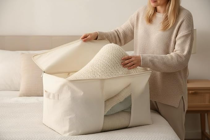 Soft Canvas Clothes Storage Bags with Four Carrying Handles and Clear Window, Closet Organizer for Clothing, Blankets Sheets Pillows and Bedding, 55L, 6 Pack, White