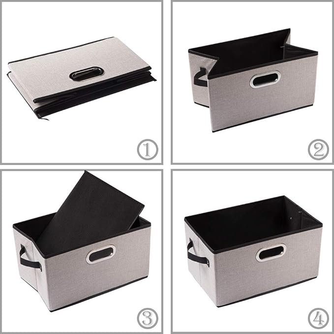 PRANDOM Fodable Storage Baskets for Closet [5-pack] Decorative Fabric Storage Bins Cubes with Leather/Metal Handles for Shelves Bedroom Living Room Light Grey (11.5x8.5x6.7 Inch)