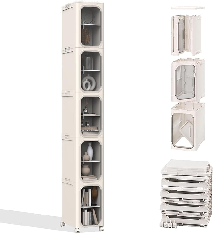 5-Tier Slim Tall Bathroom Cabinet, Plastic Tall Narrow Cabinet with Doors and Shelves, Floorstanding Skinny Cabinets with Wheels, Corner Bathroom Organizer for Small Space