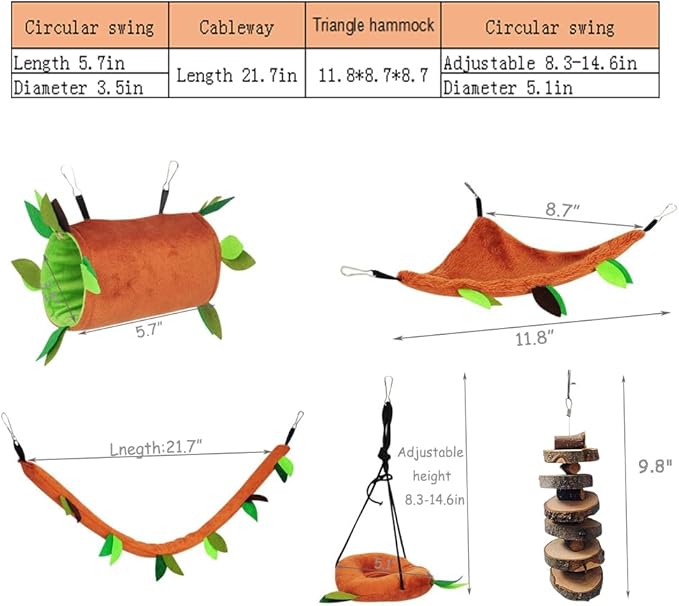 Hamiledyi 6 Pcs Hamster Hammock Small Animals Hanging Warm Bed House Organic Natural Apple Wood Chewing Stick Rat Cage Nest Accessories Toy Hanging Tunnel and Swing for Sugar Glider Small Hamsters Rat