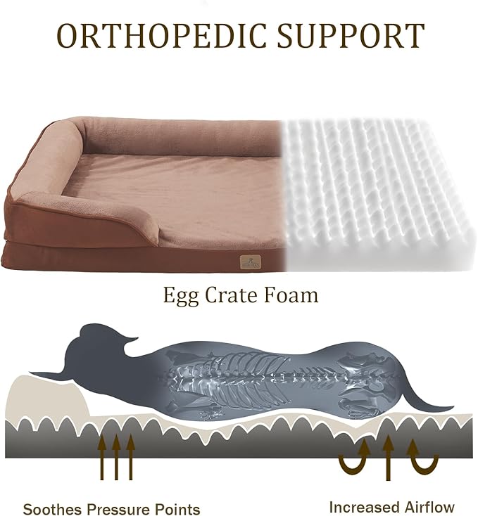 Bedfolks Orthopedic Dog Bed XXL, Waterproof Dog Sofa Bed for Giant Dogs, Egg Foam Pet Couch Bed with Removable Washable Cover and Nonslip Bottom, Brown