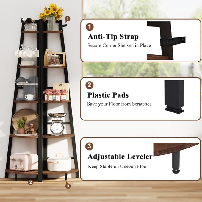BON AUGURE Rustic Corner Ladder Shelf, 5-Tier Black Metal Wood Corner Bookshelf, Narrow Tall Bookcase Shelving Unit for Living Room, Home Office, Small Space (Rustic Oak)