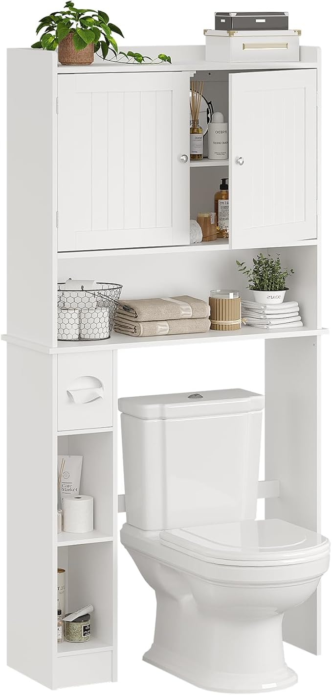 Over The Toilet Storage Cabinet with Toilet Paper Holder Double Door Bathroom Organizer with Adjustable Shelves Freestanding Bathroom Shelf Toilet Storage Cabinet Space-Saving Toilet Rack, White