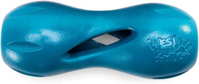 West Paw Qwizl Durable Zogoflex Dog Puzzle Toy for Mental Stimulation, and Enrichment - Treat Dispensing for Bully Sticks and Dental Sticks - Dishwasher Safe - Made in USA - Small - River