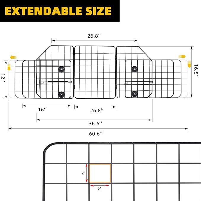 KOOLTAIL Dog Barrier for SUV & Truck, Adjustable & Foldable Dog Car Barrier 36.6"-60.6", Heavy-Duty Wire Mesh Car Divider, Universal Fit for Cars, Jeep, Hatchback, Triple Folding