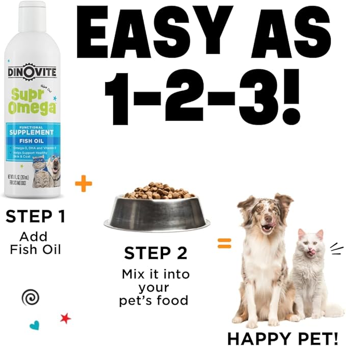 Dinovite SuprOmega Fish Oil for Dogs & Cats - Vitamin E & Omega 3 Meal Topper - Skin & Coat Health for Dogs & Cats - 8 oz
