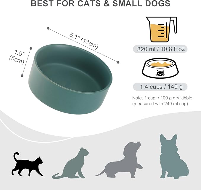 Ceramic Dog Bowl for Food and Water - Pet Feeder Bowl for Small Dogs and Cats - Heavy Ceramic Feeding Dish with Non Slip Base - Dishwasher & Microwave Safe - 5 Inch - 1.4  Cups - Green