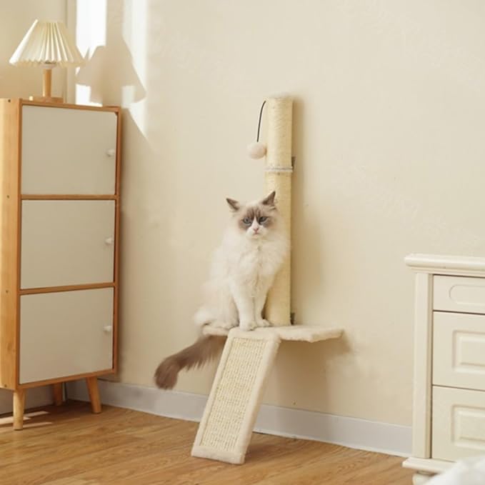 Wall-Mounted Cat Scratching Post – Space-Saving Sisal Scratcher with Ramp & Perch, Heavy-Duty Screw Mount for Stability, Protects Furniture, Ideal for Small Apartments & Large Cats, Beige