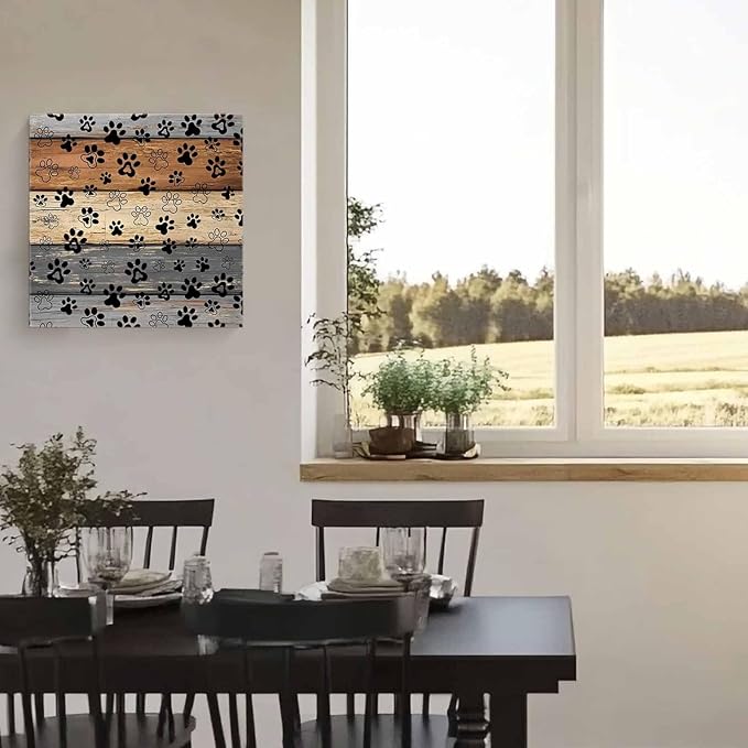 Framed Canvas Wall Art for Living Room Dog Paw Print Wall Decor, Retro Brown G热u Wood Grain Aesthetic Paintings for Bedroom Office Kitchen Bathroom, Ready to Hang Artwork Wall Pictures 20x20 Inch