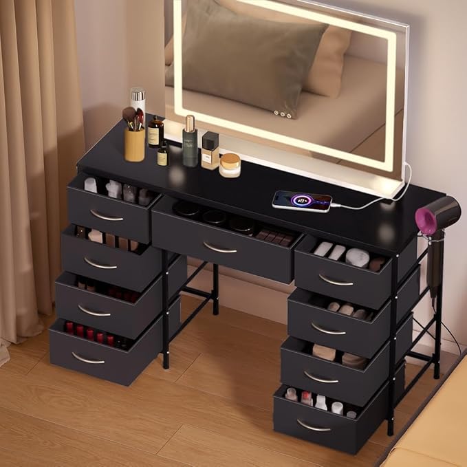COMHOMA Vanity Desk with Large Mirror,LED and Power Outlet,Makeup Table with 9 Storage Drawersand HD Mirrors,3 Color Modes Adjustable Lighting for Bedroom Dressing Room (Black, 35inch)