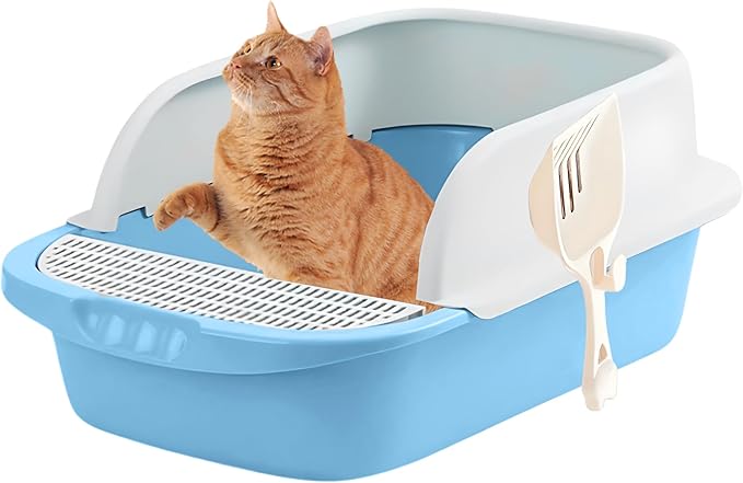 Large Open-Top Cat Litter Box with High Sides, Enclosed Scatter Shield Design, Easy Clean Plastic Litter Pan, Includes Scoop (Blue)