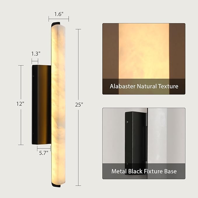Alabaster Wall Sconces, 25" Black Alabaster Sconce, Spanish Natural Marble Bathroom Vanity Sconces, Rectangle Modern Sconces Lighting for Bedroom Living Room Staircases Hallway