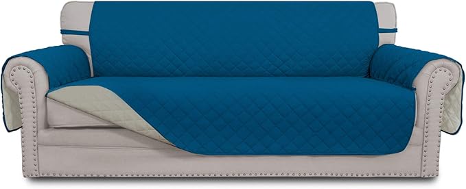 Easy-Going Reversible Couch Cover for 3 Cushion Couch Sofa Cover for Dogs Water Resistant Furniture Protector Cover with Foam Sticks Elastic Straps for Pet Cat (Sofa, PeacockBlue/Beige)