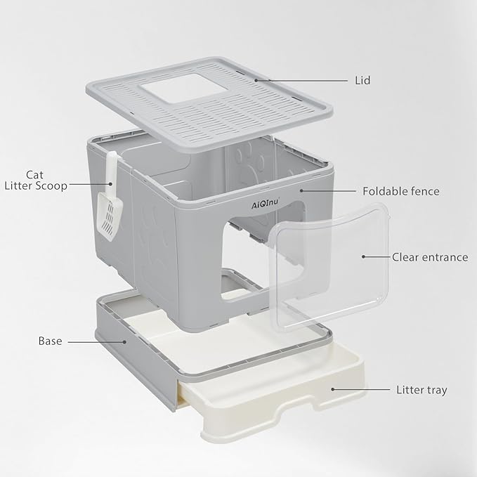 AiQInu Enclosed Cat Litter Box - Foldable Large Litter Box with Lid and Scoop High Sided Enclosure, Front Entry Top Exit, Odor Control, Anti Leakage No Smell, Easy Cleaning