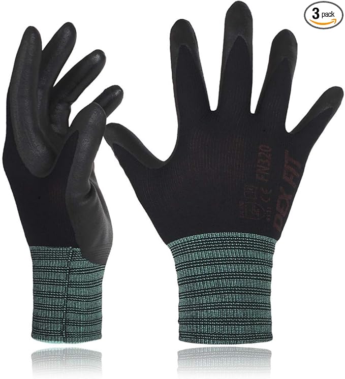 DEX FIT Nylon Work Gloves FN320, 3D Comfort Fit, Power Grip, Lightweight & Breathable, Touchscreen, Gardening, Yard Work, Warehouse, Delivery Driver Gloves; Black 8 (M) 3 Pairs