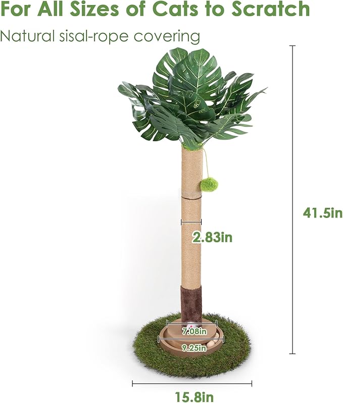 Cat Scratching Post, 35 Inch Tall Cat Scratcher Cat Tree Tower with Hanging Ball for Indoor Cats Adults,Sisal Rope Kitten Scratch with Interactive Mouse Cat Toy (41in, Monstera)