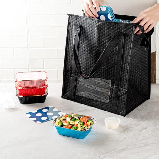 Restaurantware-12 Ounce Disposable Takeout Containers, 50 Rectangle Food Containers - With Polka Dot Lids, Blue Takeaway Containers, Aluminum Delivery Containers, Freezable