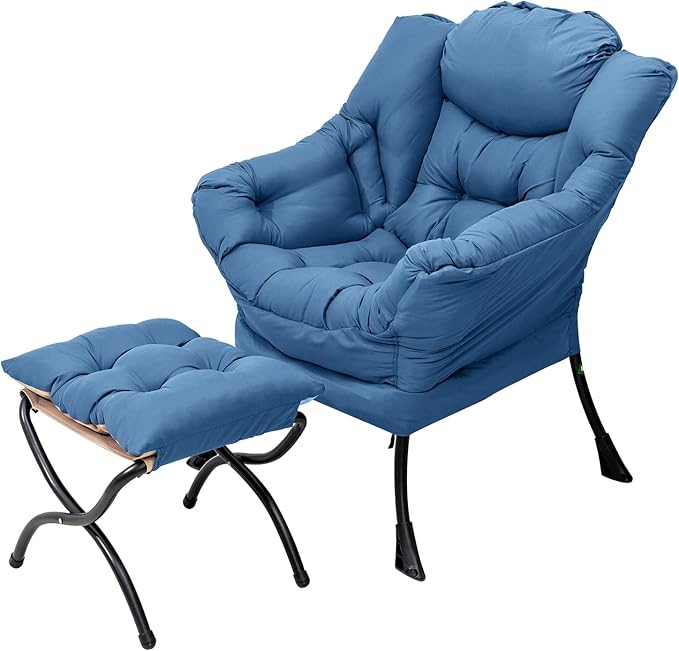 Welnow Lazy Chair with Ottoman, Modern Lounge Accent Chair with Armrests and a Side Pocket, Leisure Sofa Armchair, Reading Armchair with Footrest for Small Space, Royal Blue