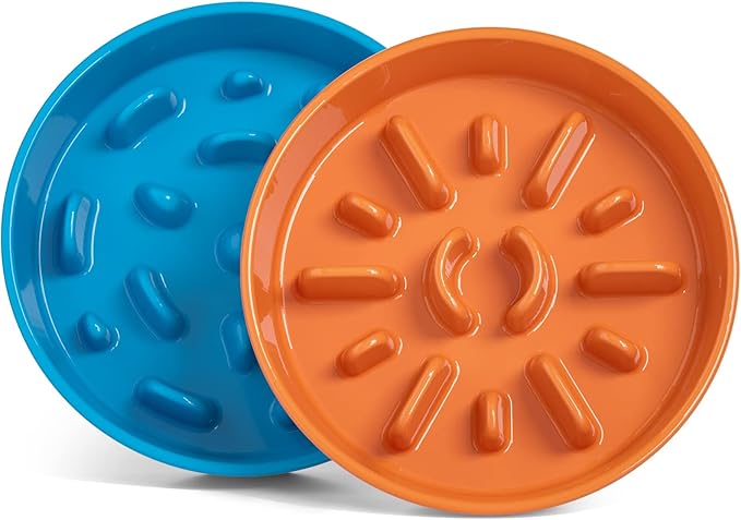 LE TAUCI Dog Slow Feeder Bowl,3 Cups Ceramic Maze Pattern for Large Breed,Bule and Orange