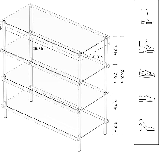 Aquiver 4-Tier Acrylic Shoe Rack - Shoe Rack Organizer - Modern Shoe Storage Shelf, Holds 12-16 Pairs of Shoes for Entryway, Closet - 25.6'' L x 11.8'' W x 28.3'' H, Clear, Easy Assembly & Clean