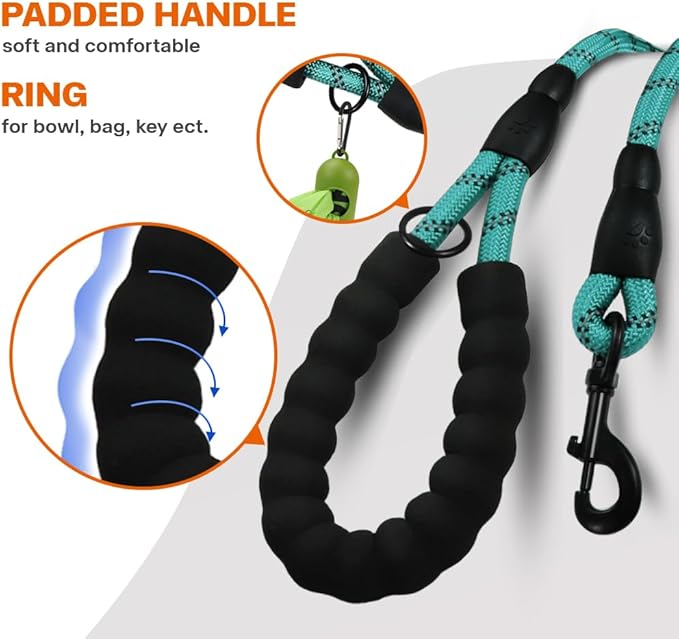 Taglory Rope Dog Leash 6 FT with Comfortable Padded Handle, Highly Reflective Threads Leash for Medium Large Dogs, 1/2 inch, Turquoise
