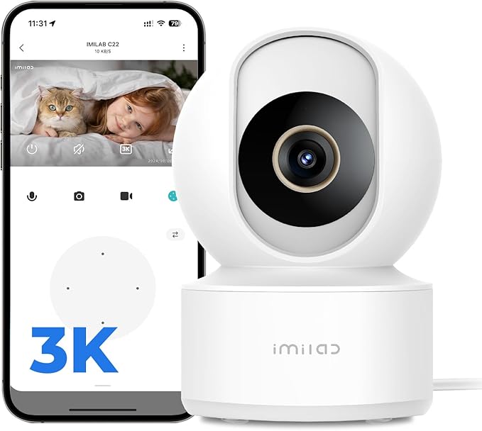IMILAB C22 3K Security Indoor Camera, 360° View Home Camera with Color Night Vision for Baby/Pet Monitor, Plug-in 2.4Ghz WiFi 6 Inside Cam, 2-Way Audio, AI Detection, Local/Cloud Storage(White)