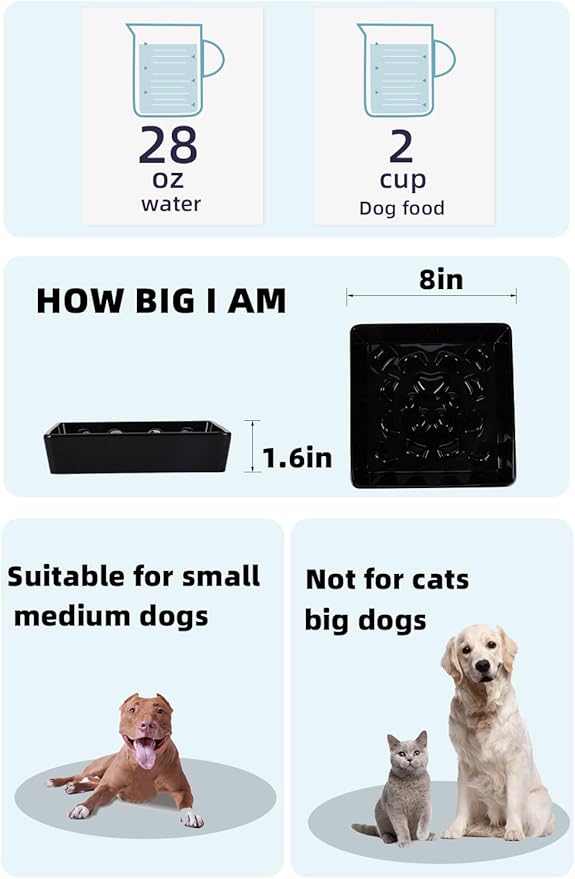 Square Slow Feeder Dog Bowls, Ceramic Fun Slow Eater Bowl for Small Medium Breed (Black)
