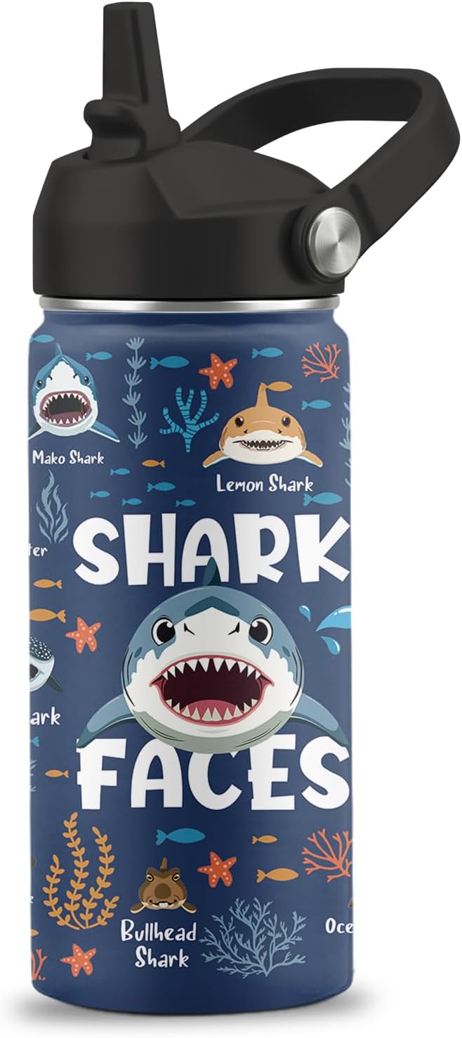 Shark Gifts for Boys Girls, 16 oz Water Bottle with Straw Lid, Stainless Steel Insulated Tumbler, Cute Water Bottle, Shark Lovers Gift, Ocean Animals Lovers Gifts Cup (1pcs