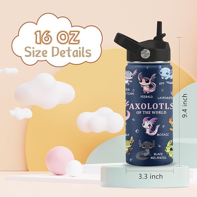 Axolotl Gifts, 16 oz Water Bottle with Straw Lid, Stainless Steel Insulated Tumbler, Cute Animals Water Bottle, Axolotl Cup Gifts for Birthday Christmas (1pcs)