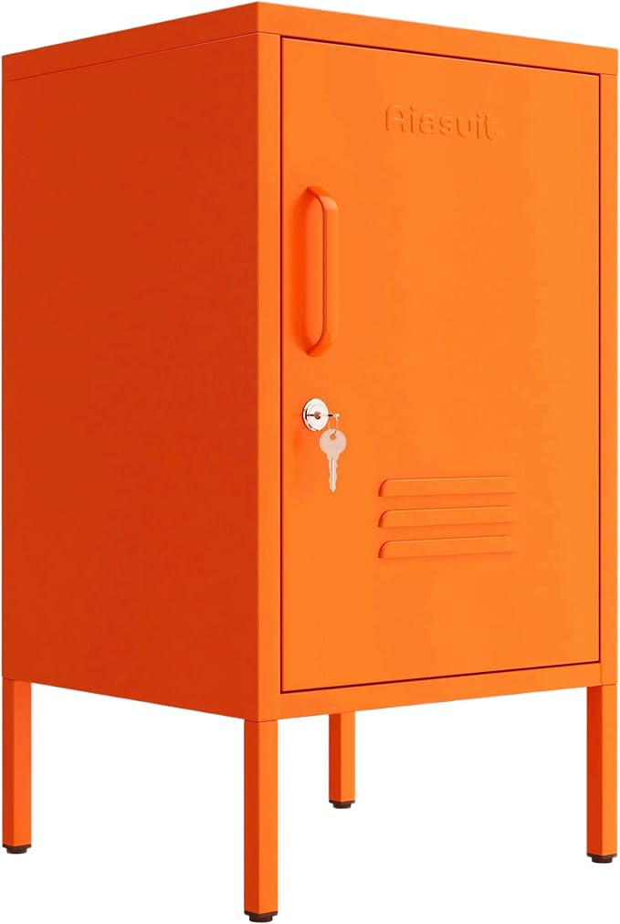 Single Door Lockable Metal End Table, 2-Tier Storage Cabinet with Adjustable Shelf, Easy Assembly Side Table for Living Room Bedroom Home Office, Orange 28" H x 13.8" W x 15" D