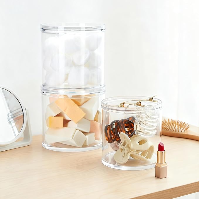 2Pack Stackable Clear Plastic Container - Round Vanity Storage Organizers with Lids for Hair Accessories & Beauty Supplies & Bathroom Container Set