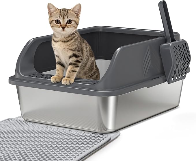 Small Stainless Steel Litter Box with Lid for Kitten, Metal Cat Litter Boxes High Sided Enclosed for Injured Cats and Rabbit, Anti-Urine Leakage | Non-Stick Bottom & Includes Scoop