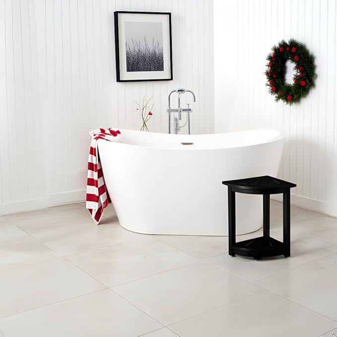 Acacia Corner Shower Stool, Waterproof Spa Foot Rest & Bath Bench with Storage Shelf & Soap Dish, Ideal for Bathroom, Shaving Legs, or as Small Corner Table/Step Stool (Black)