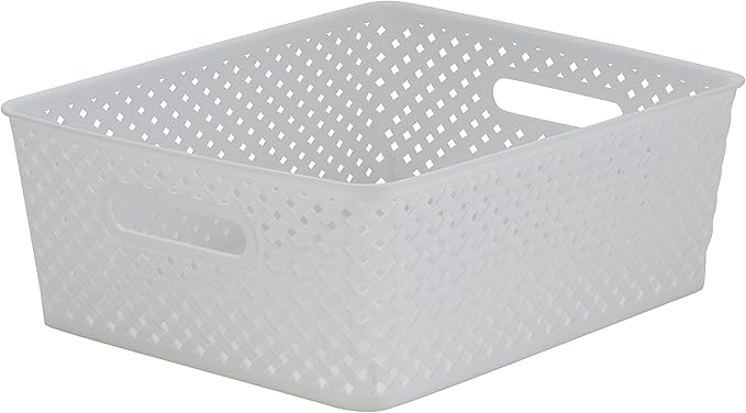 Simplify Medium Resin Wicker Tote | Storage Bin | Plastic Organizer | Carrying Handles | Bathroom | Pantry | Accessories | Cleaning Products | White