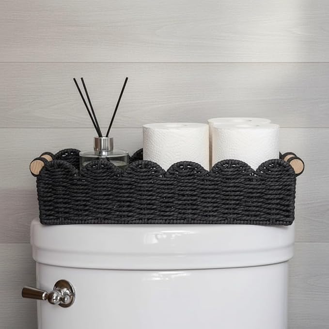 Black Scalloped Edge Storage Baskets with Wood Handle, Set of 2 – Decorative Paper Rope Organizer Bins for Bathroom, Shelf & Countertop