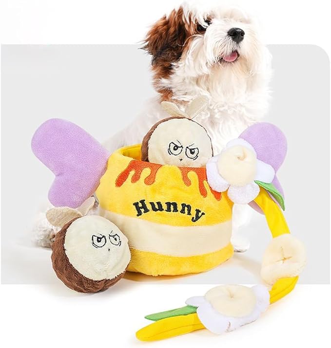 Honey Jar Snuffle & Squeaky Toy Set for Dogs – Interactive Foraging Puzzle with Treat Mat, Squeaky Bee & Chew Rope, Multi-Sensory Mental Enrichment Game for Small Medium Pets