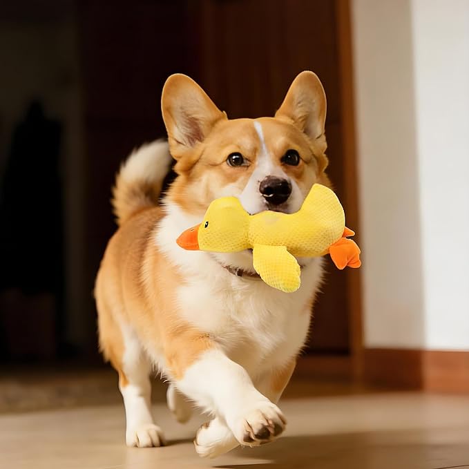 Calming Plush Duck Toy for Dogs & Cats - Interactive Squeaky Chew Toy with Realistic Quacking Sounds for Anxiety Relief - Soft Pet Comfort Toy for Indoor/Outdoor Play, Pet Use Only (Yellow, Large)